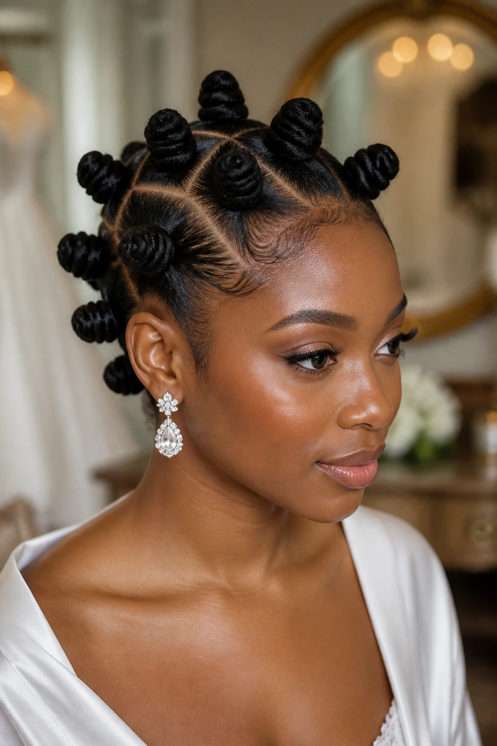 Close-up portrait of a real person with bridal-polished Bantu knots
