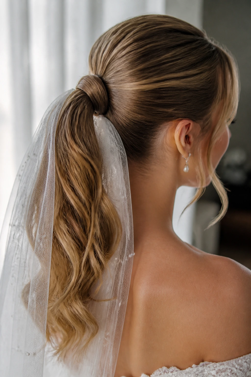 Back view of bridal ponytail showing secure base and smooth tail with veil