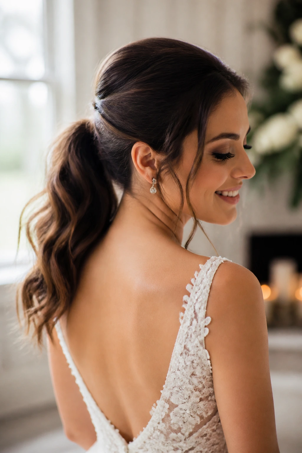 Close-up of a bride's ponytail showcasing a clean neckline in a wedding setting