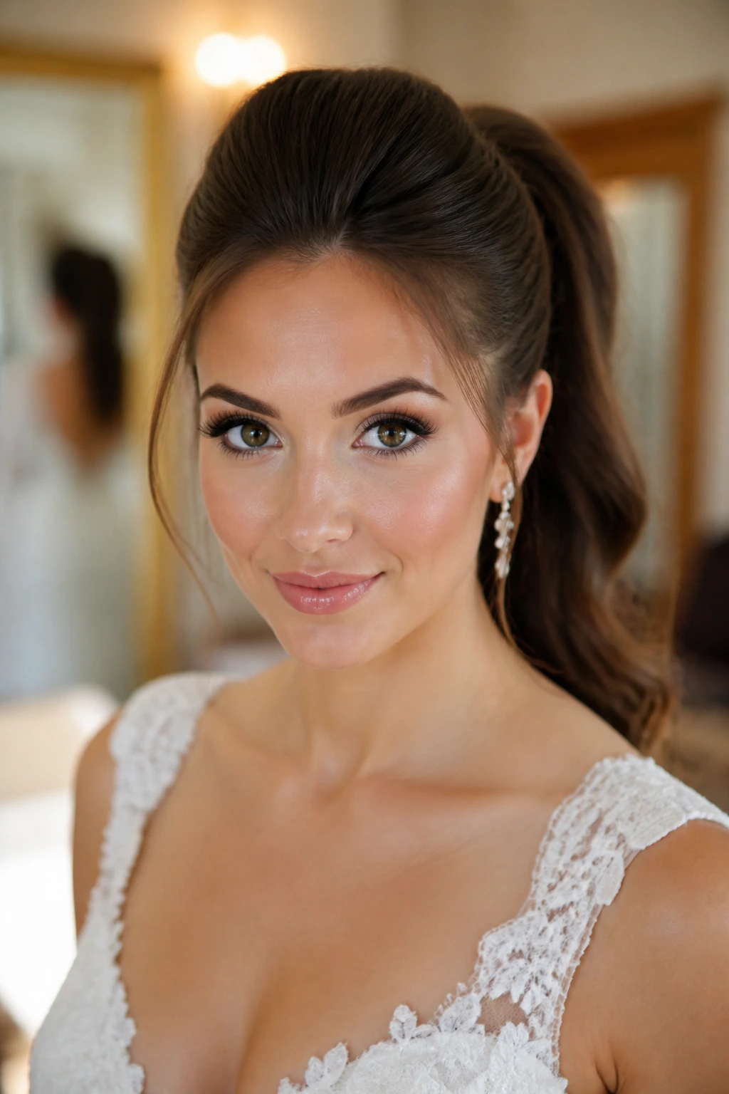 Portrait of bride with sculpted crown-lift ponytail