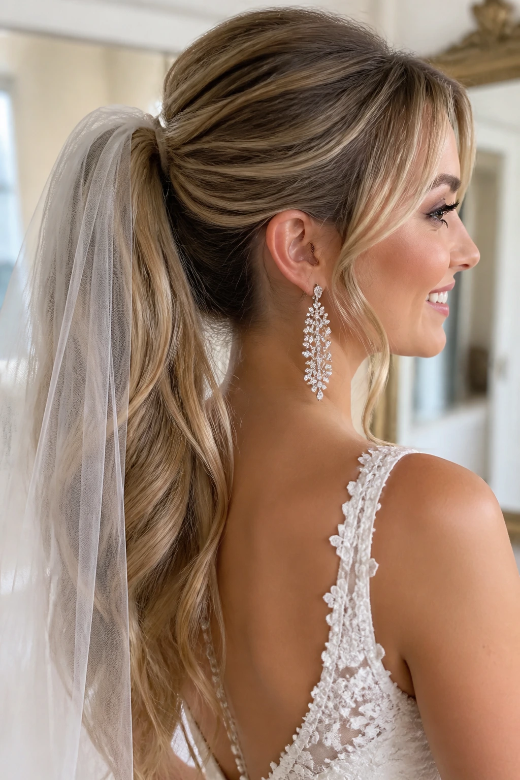 Bride with matching ponytail, veil, and jewelry in a close-up portrait