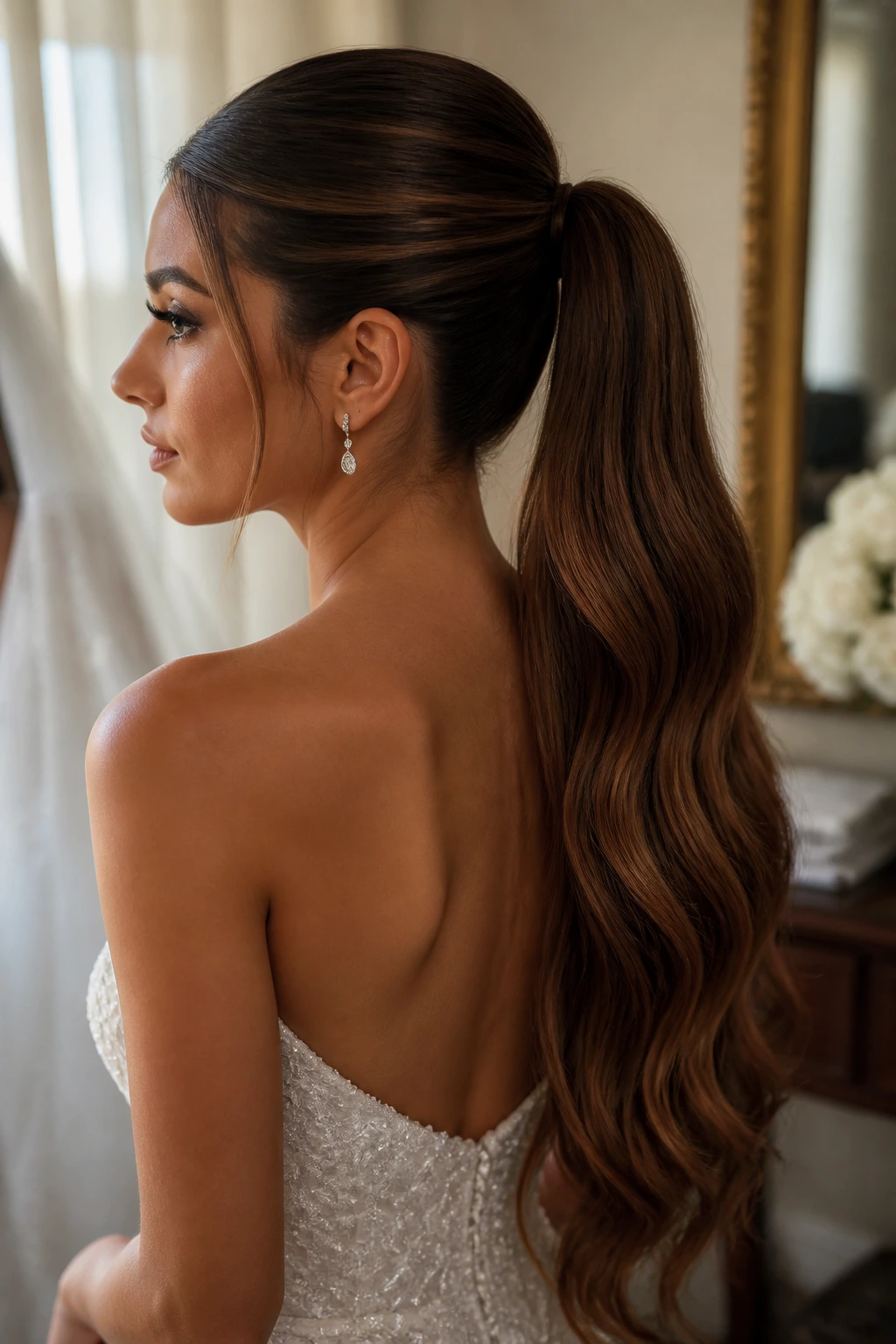 Close-up of a bride's long extension ponytail in a sleek bridal hairstyle