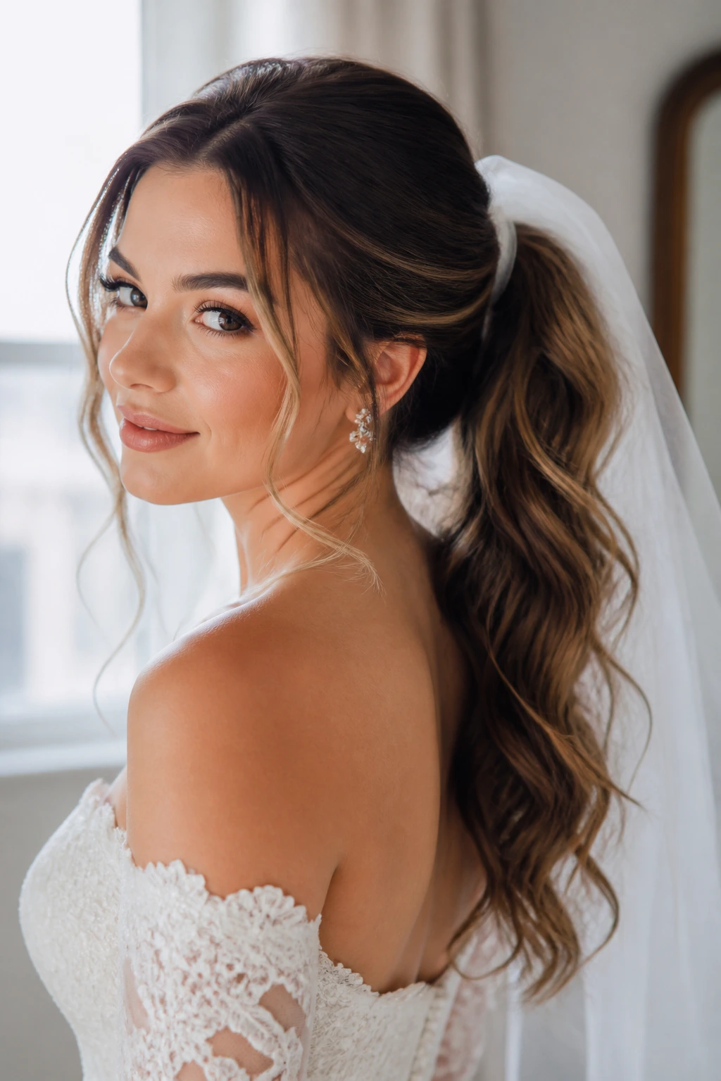 Close-up of a real bride with a polished bridal ponytail in a bridal dressing room