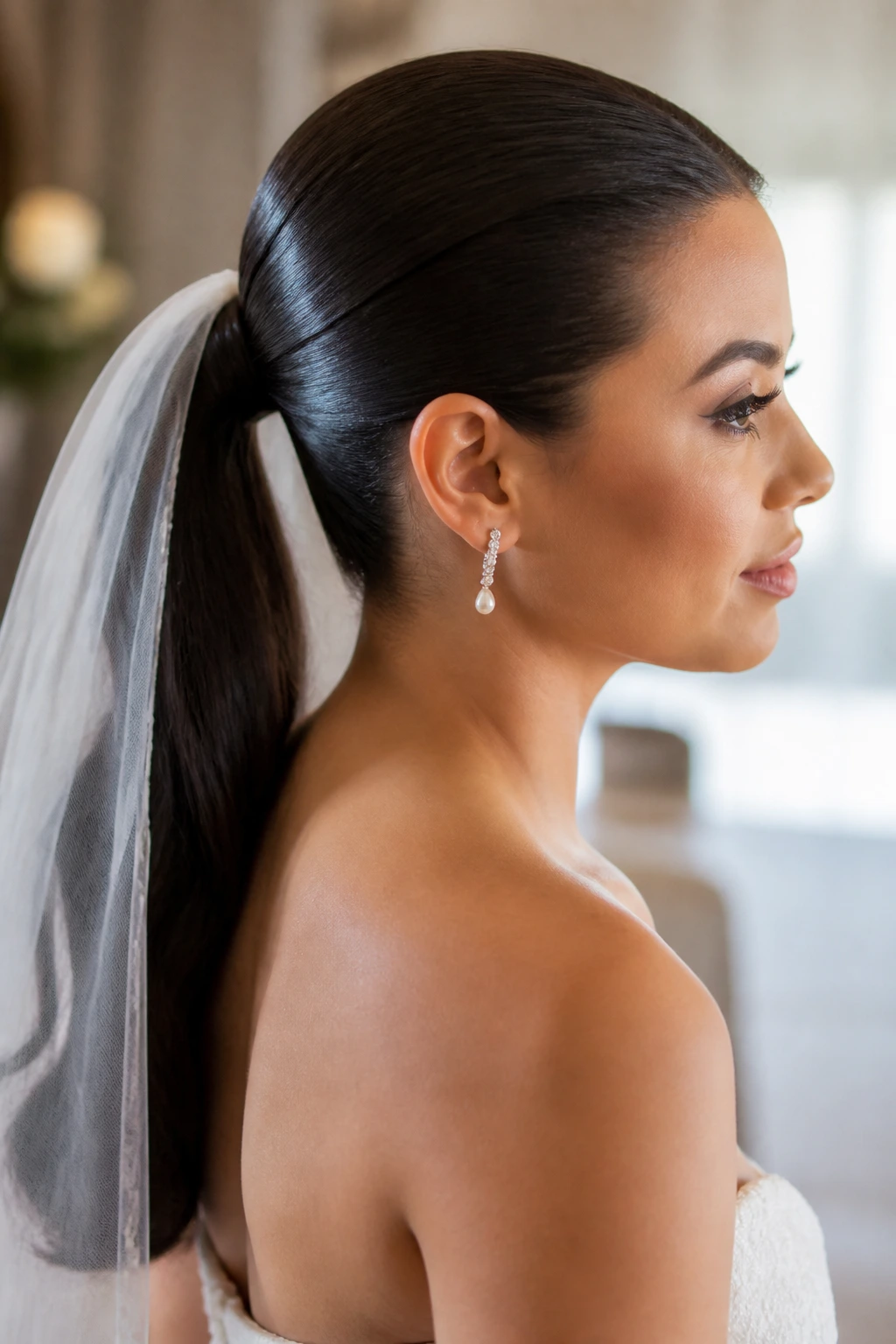 Bride with satin-smooth ponytail under veil in a bridal suite