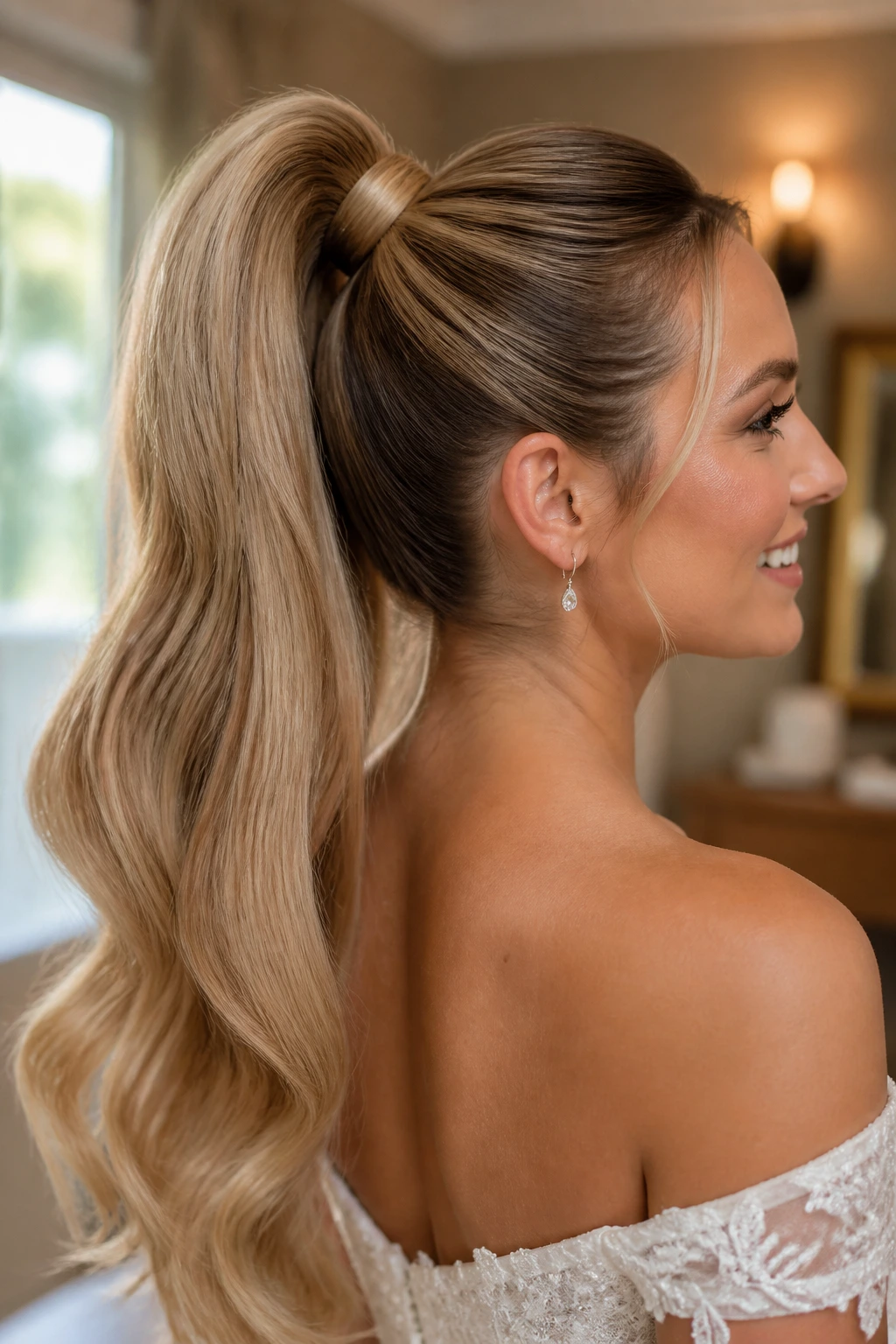 Close-up of a bride's high ponytail with a wrap-around piece and hidden anchors