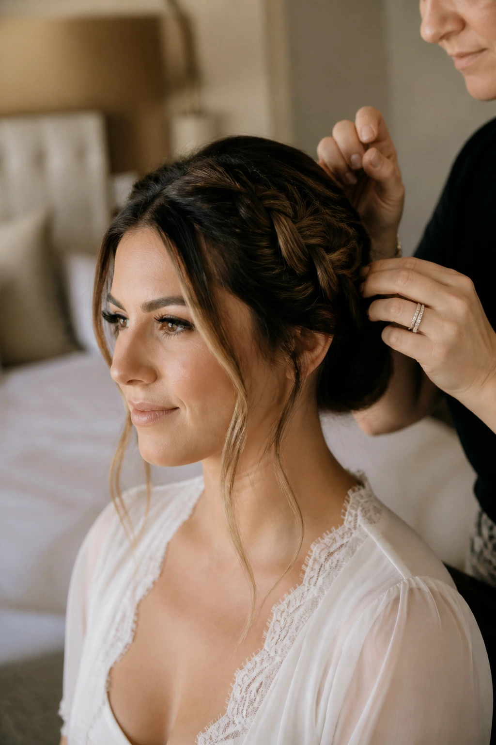Bride preparing hair for braid trial in softly lit bedroom