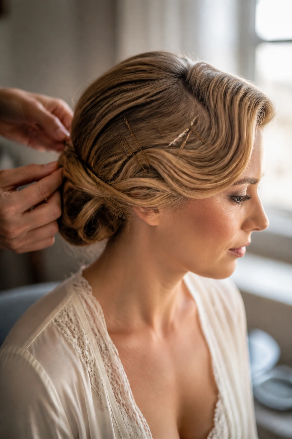 Close-up portrait of a real bride with a vintage-inspired updo during preparation in a softly lit dressing room