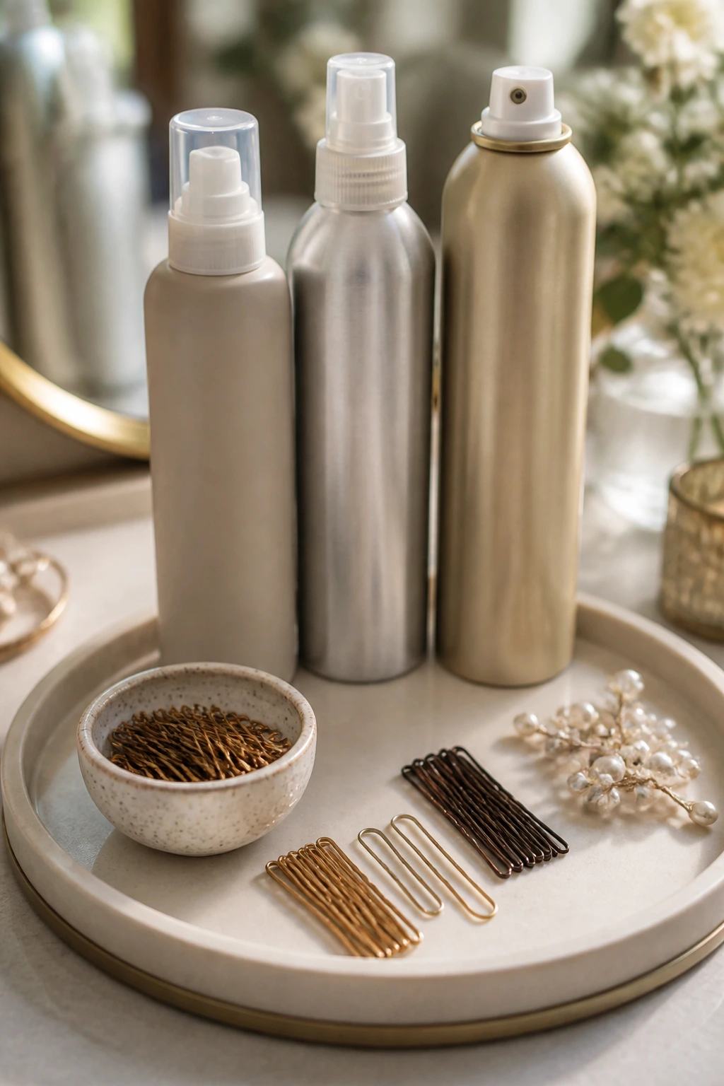 Hair products and pins arranged on a vanity for bridal styling