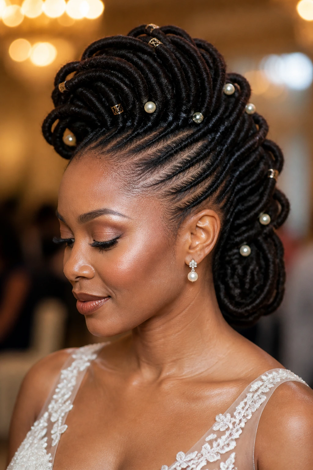 Close-up of Bridal Sculpted Mohawk on a real person with polished center and restrained accessories