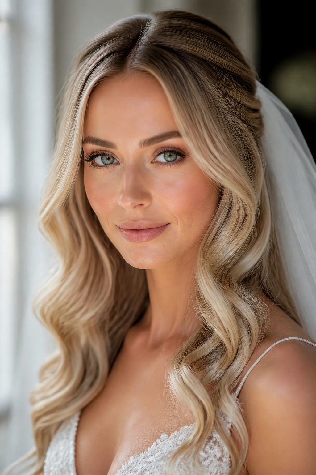 Close-up portrait of a real bride with champagne-beige dimensional hair.