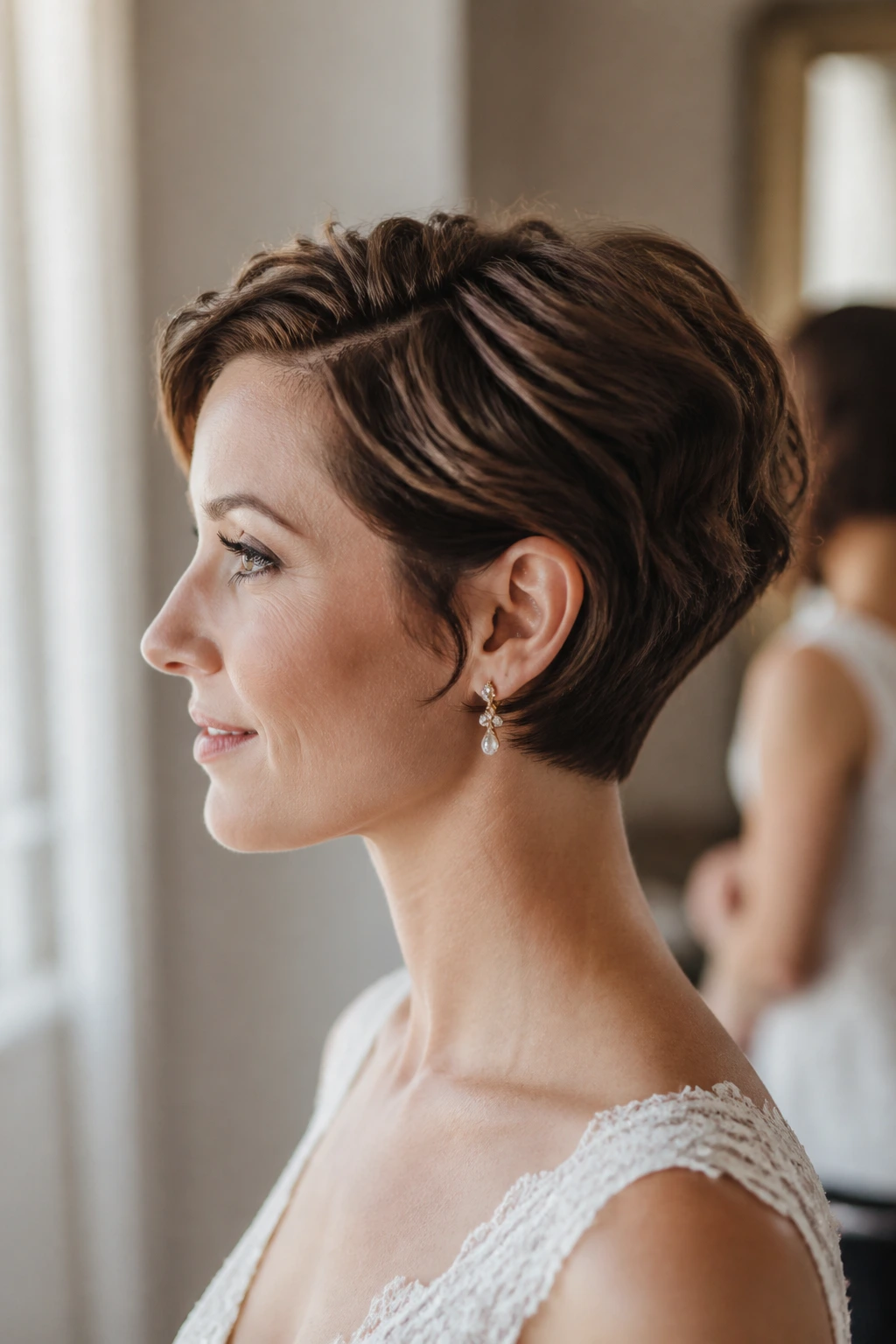 Close-up of a bride with a short structured hairstyle showing a defined profile