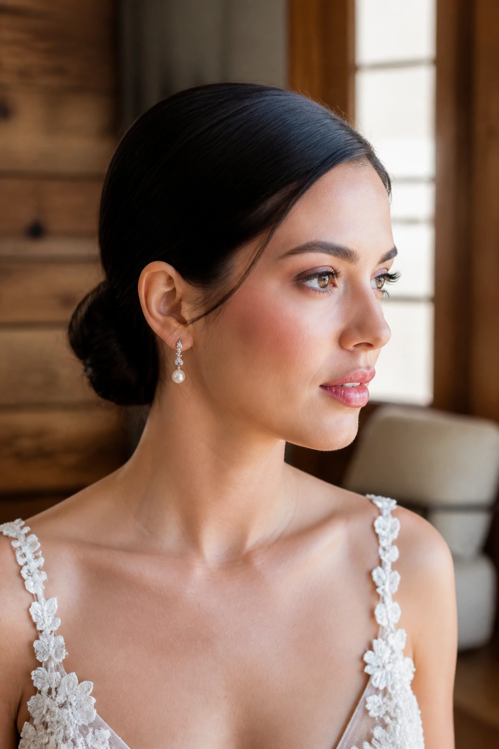 Close-up of a real bride with straight hair in a sleek low bun in a bridal suite