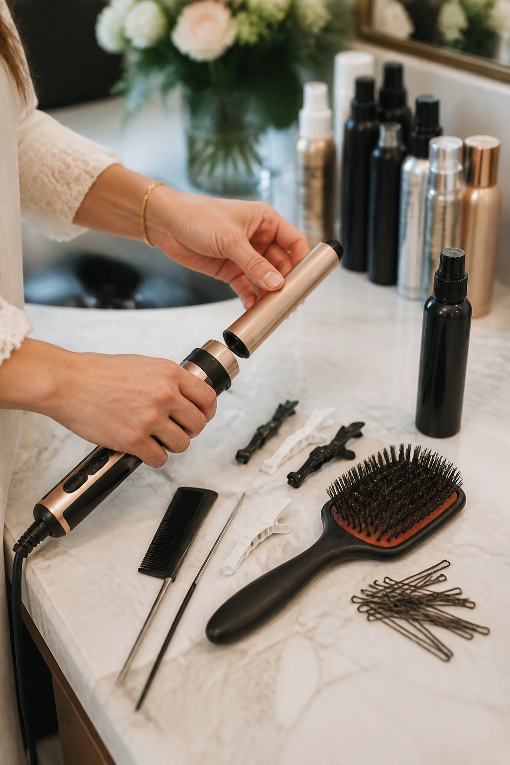 Close-up of bridal styling tools including curling iron, brush, pins and clips in use