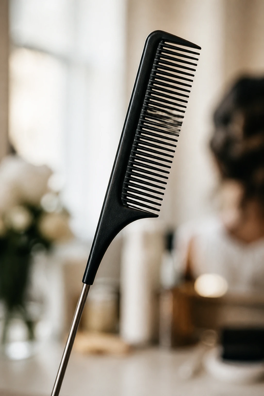 Tail comb foreground in bridal styling setting