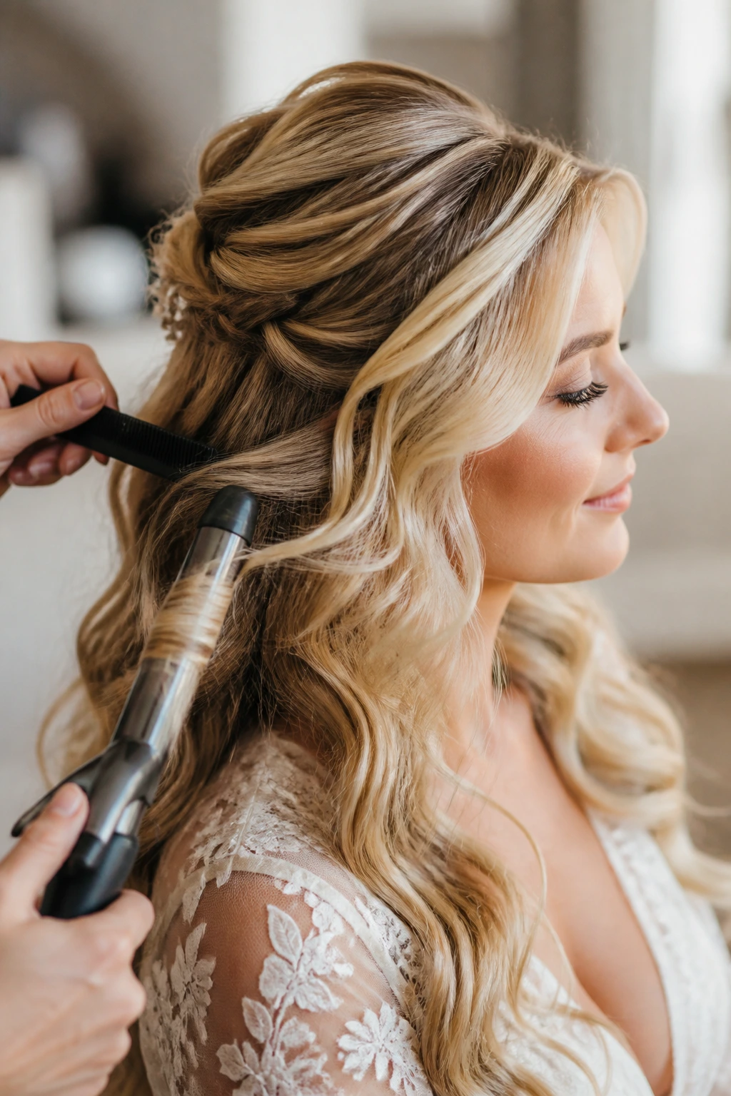 Close-up of a real bride with hairstyling in progress using curling iron and comb.