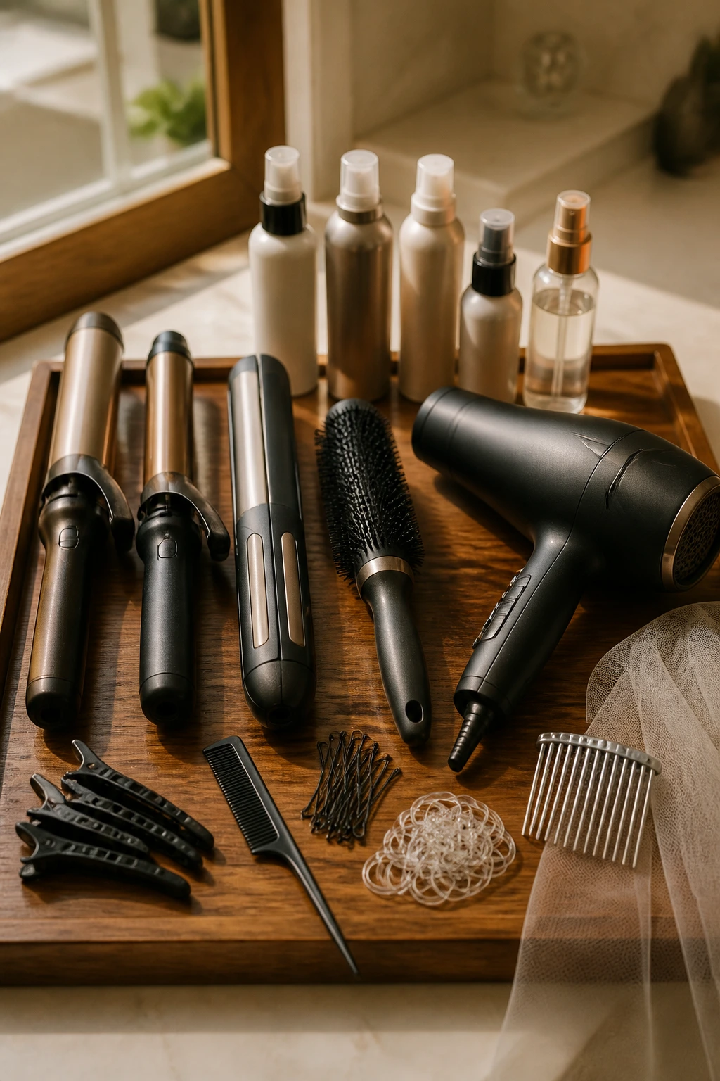 Close-up of bridal mullet styling tools arranged on a vanity.