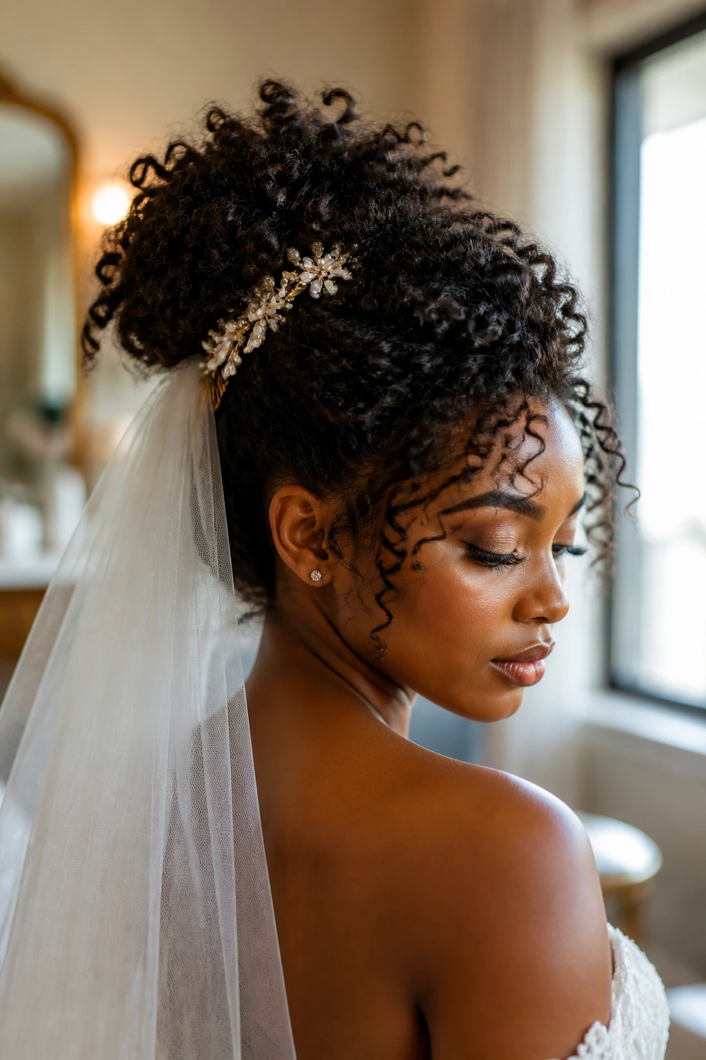 Close-up of bride's textured updo with veil anchor in a bridal suite