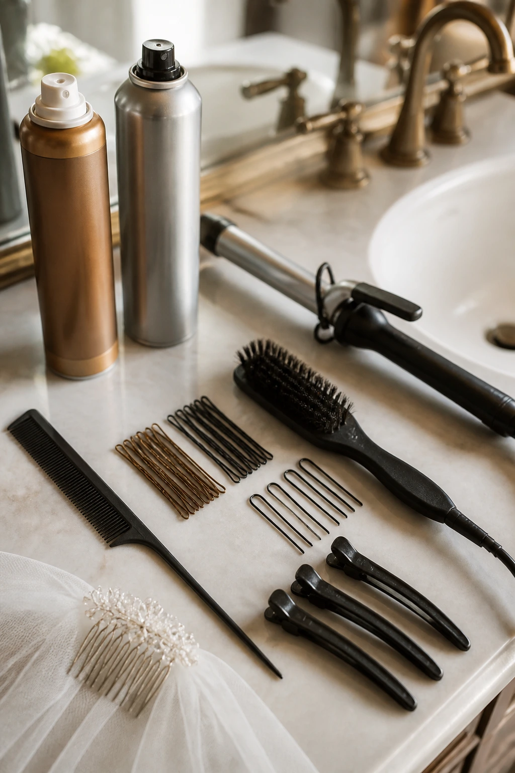 Top-down view of bridal hair tools arranged on a vanity