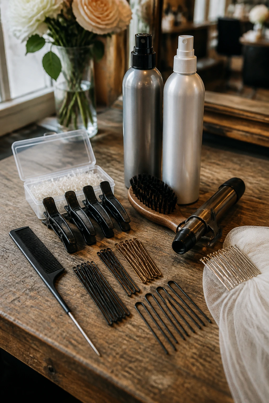 Close-up of bridal hair tools arranged on a salon counter