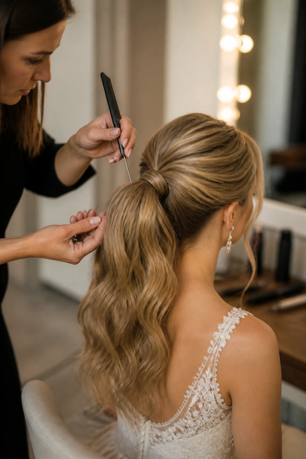Stylist using tail comb on bride's ponytail