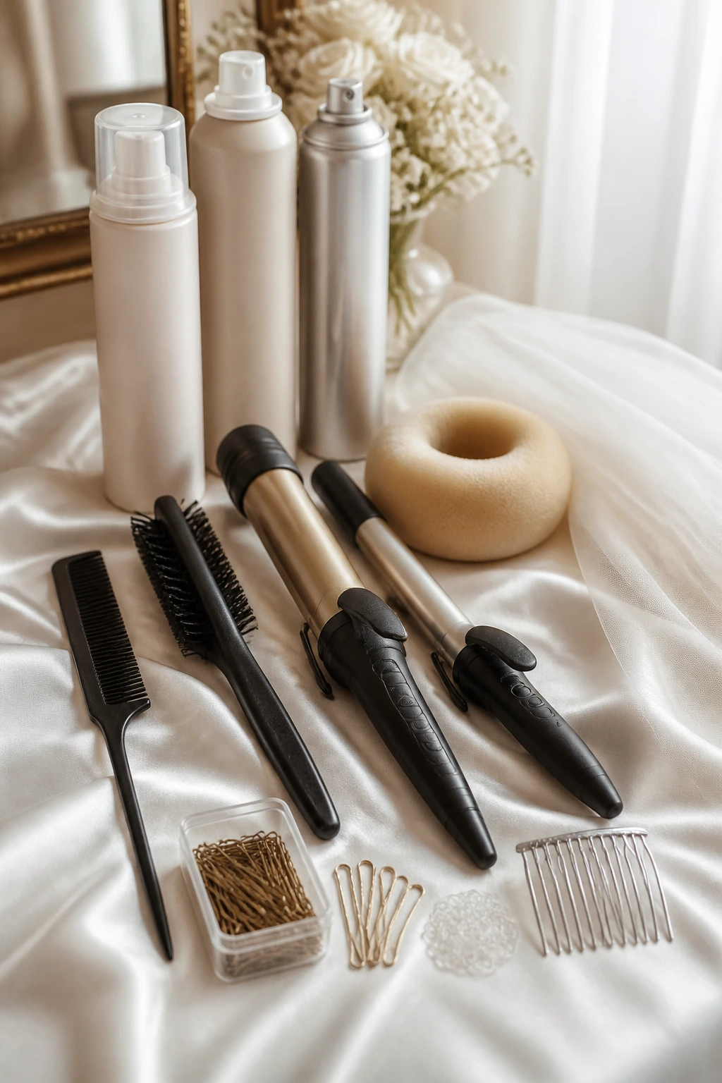 Close-up of bridal styling tools for thin hair on a satin surface