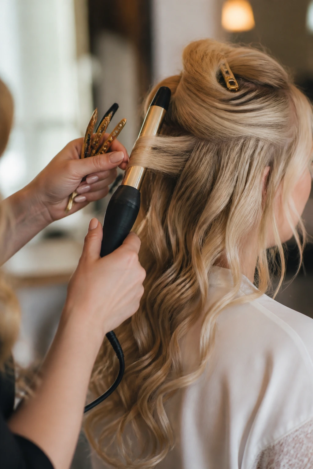 Close-up of stylist hands with curling wand and clips styling a bride's hair