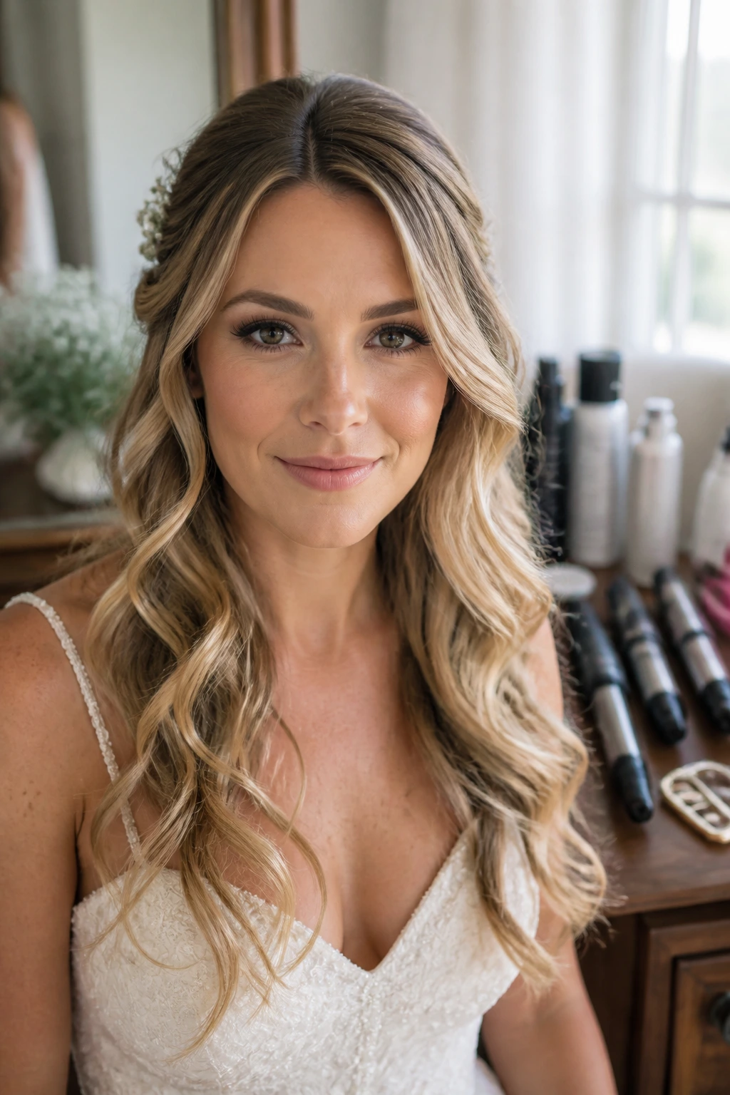 Real bride with elegant waves; subtle tools blurred in background.