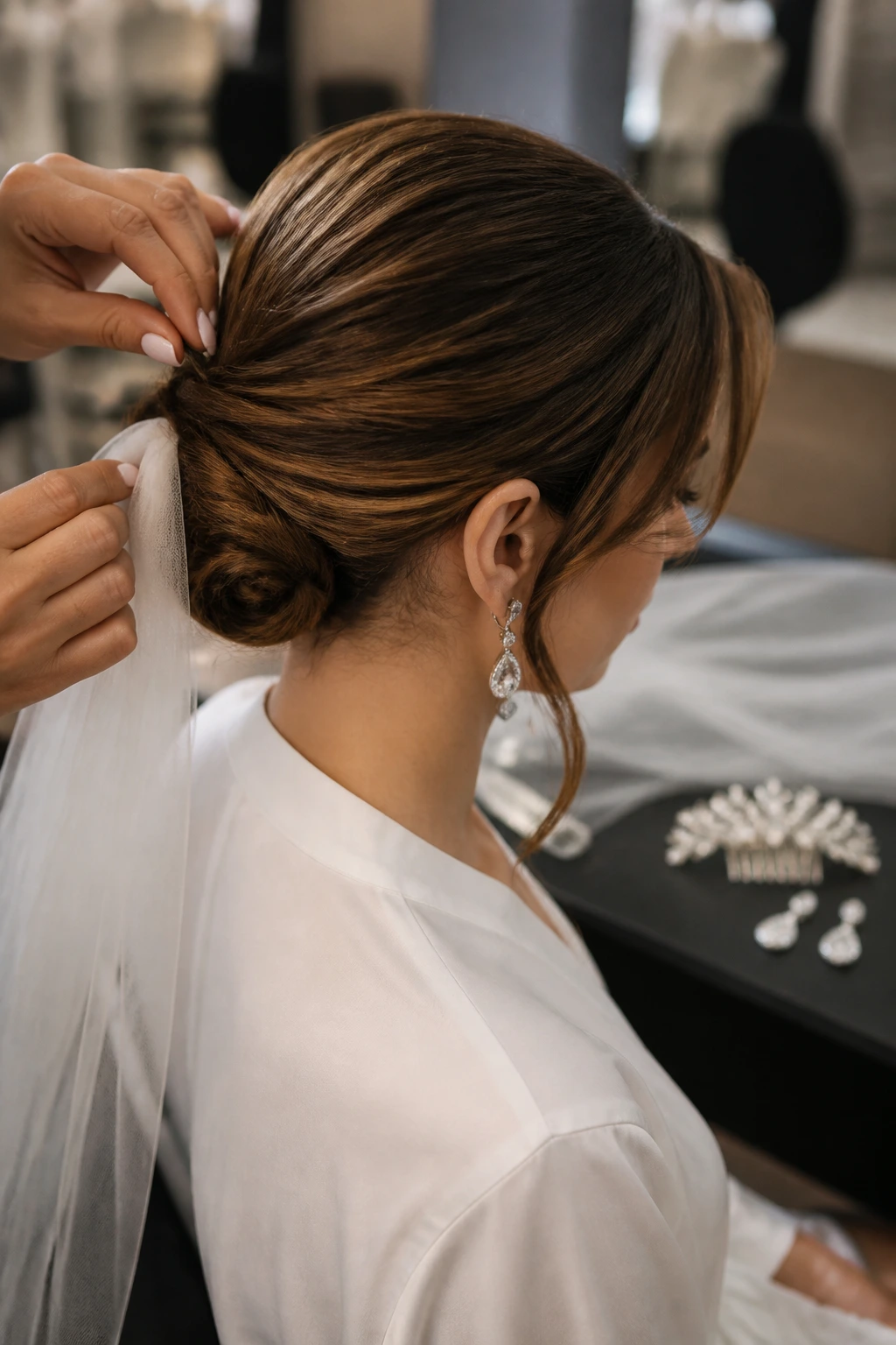 Bride during bridal trial with stylist adjusting bun and veil