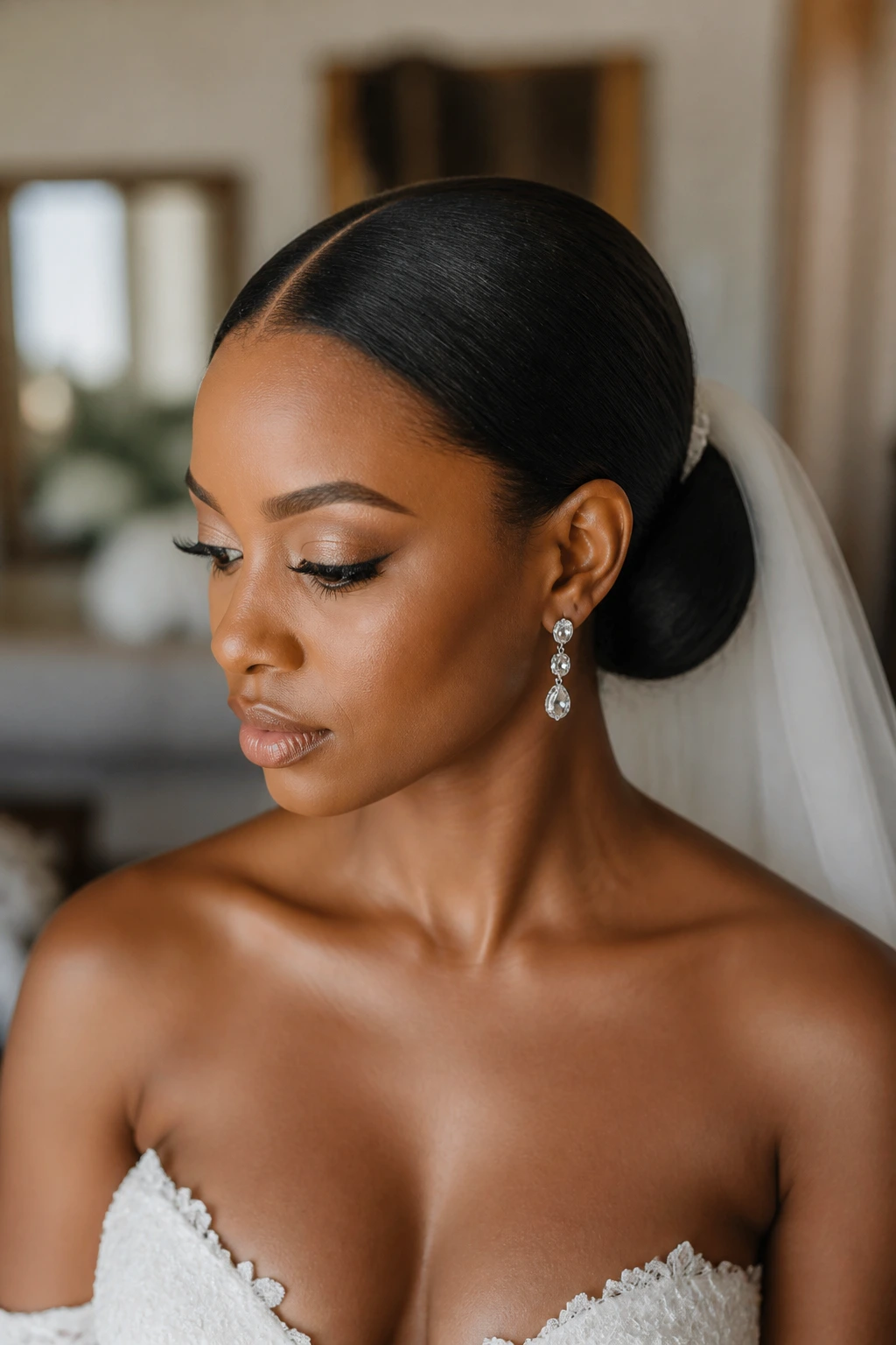 Close-up of bride with sleek low chignon and center part