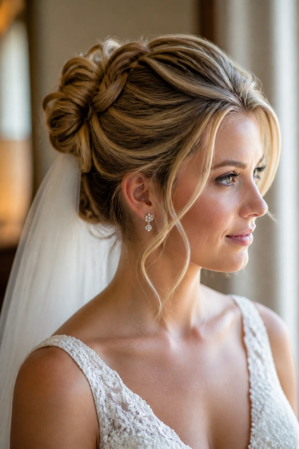 Close-up portrait of real bride with intricate updo in a softly lit bridal suite