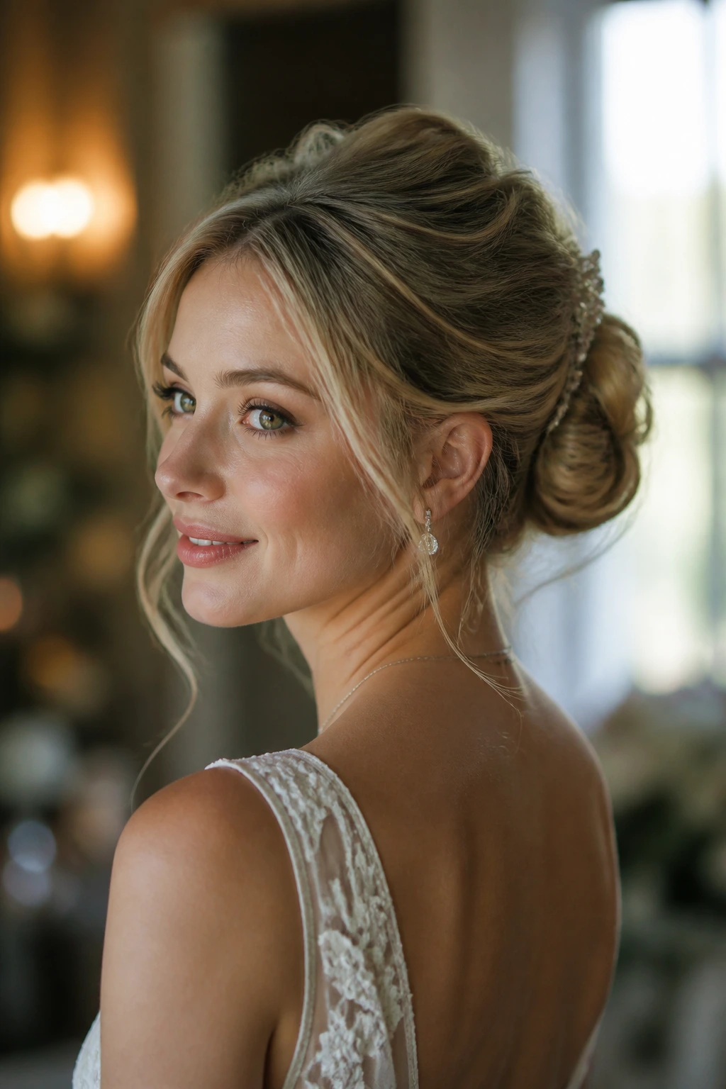 Close-up of a real bride's updo with crown lift in a wedding venue