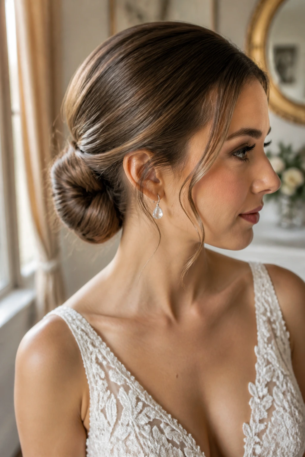 Close-up of a real bride with a heat-friendly updo, neck exposed, soft waves, warm window light