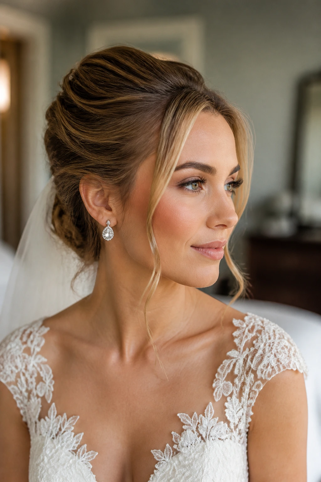 Close-up of a real bride with a polished updo in a bridal suite, showcasing a stable, structured hairstyle