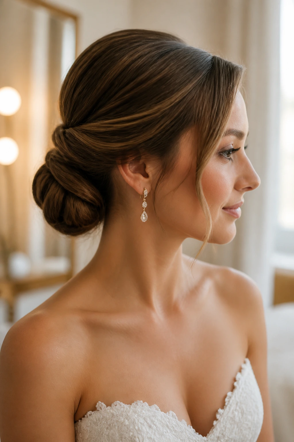 Bride with wrapped low bun showing adaptation for fine hair