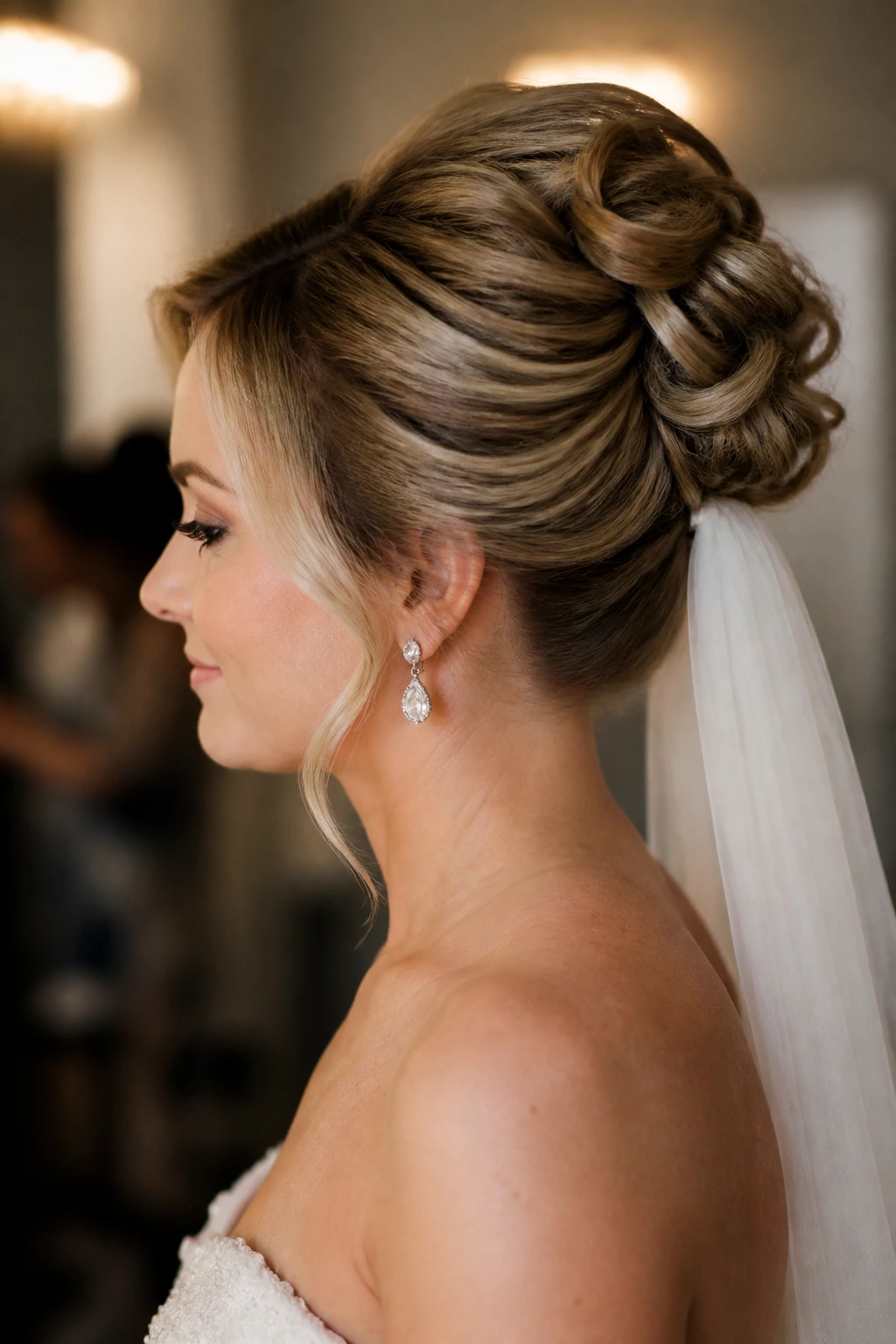 Bride's head with versatile updo showing adaptation options