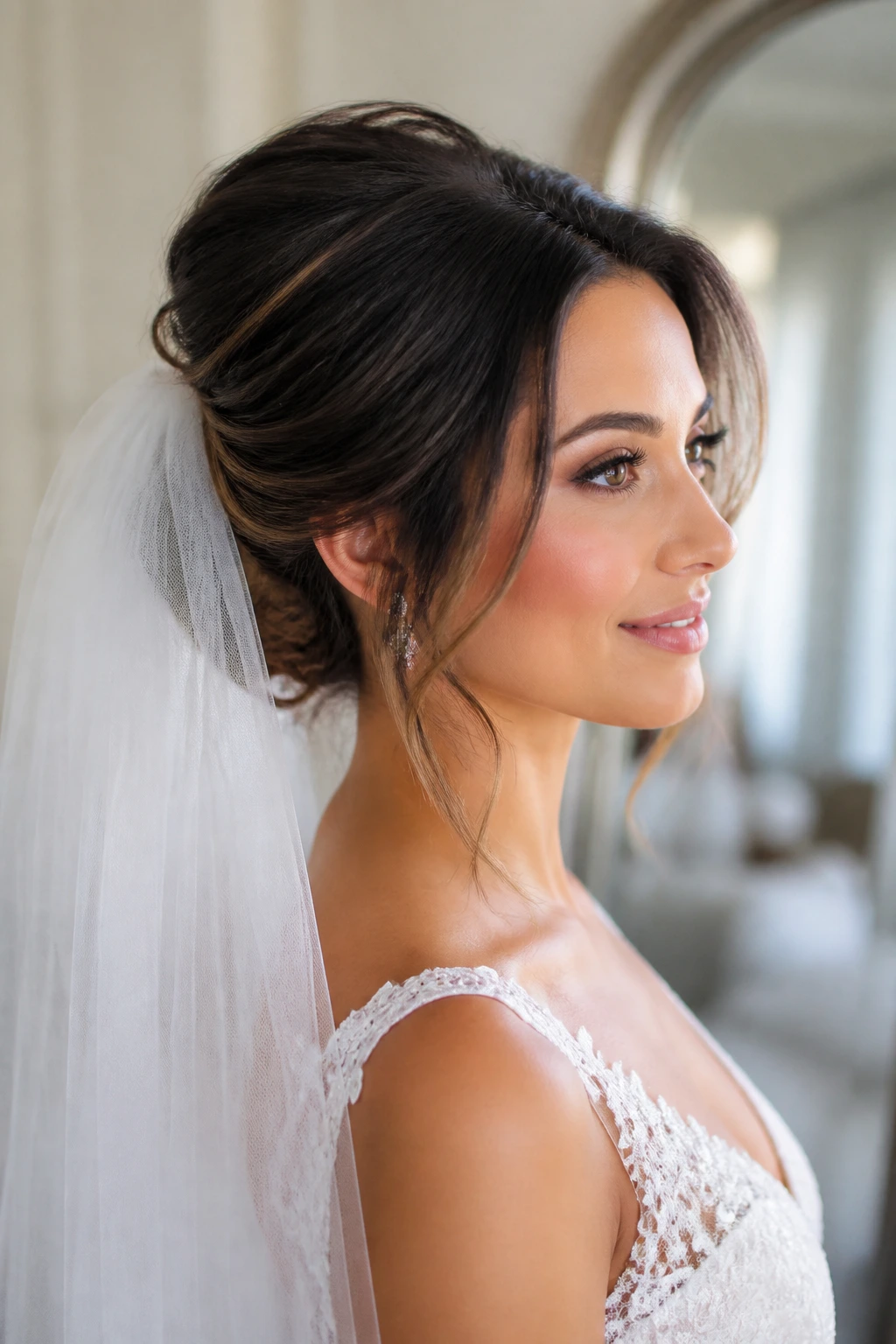 Close-up portrait of a bride with an elegant updo and veil in a bridal suite