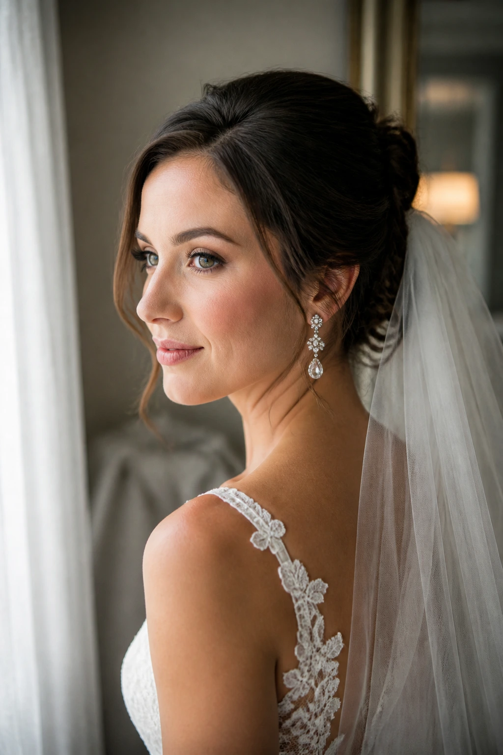 Bride with veil and earrings showcasing an updo