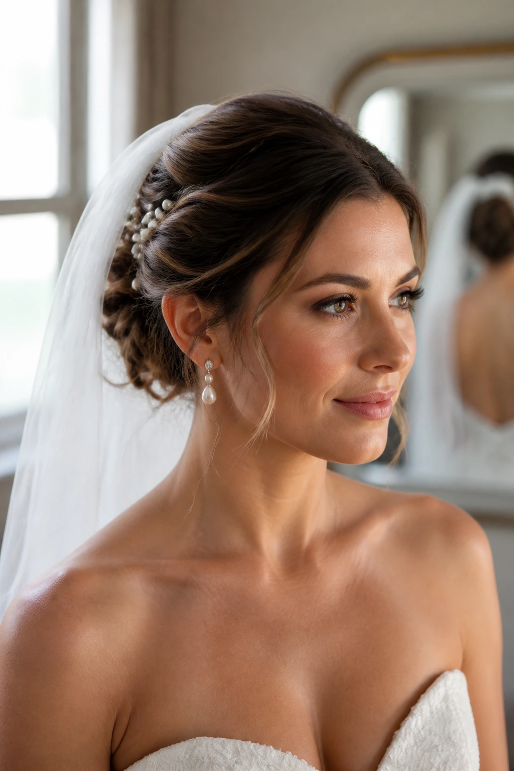Close-up of a real bride with medium-length updo, veil, pearl pins, and a strapless neckline in soft window light