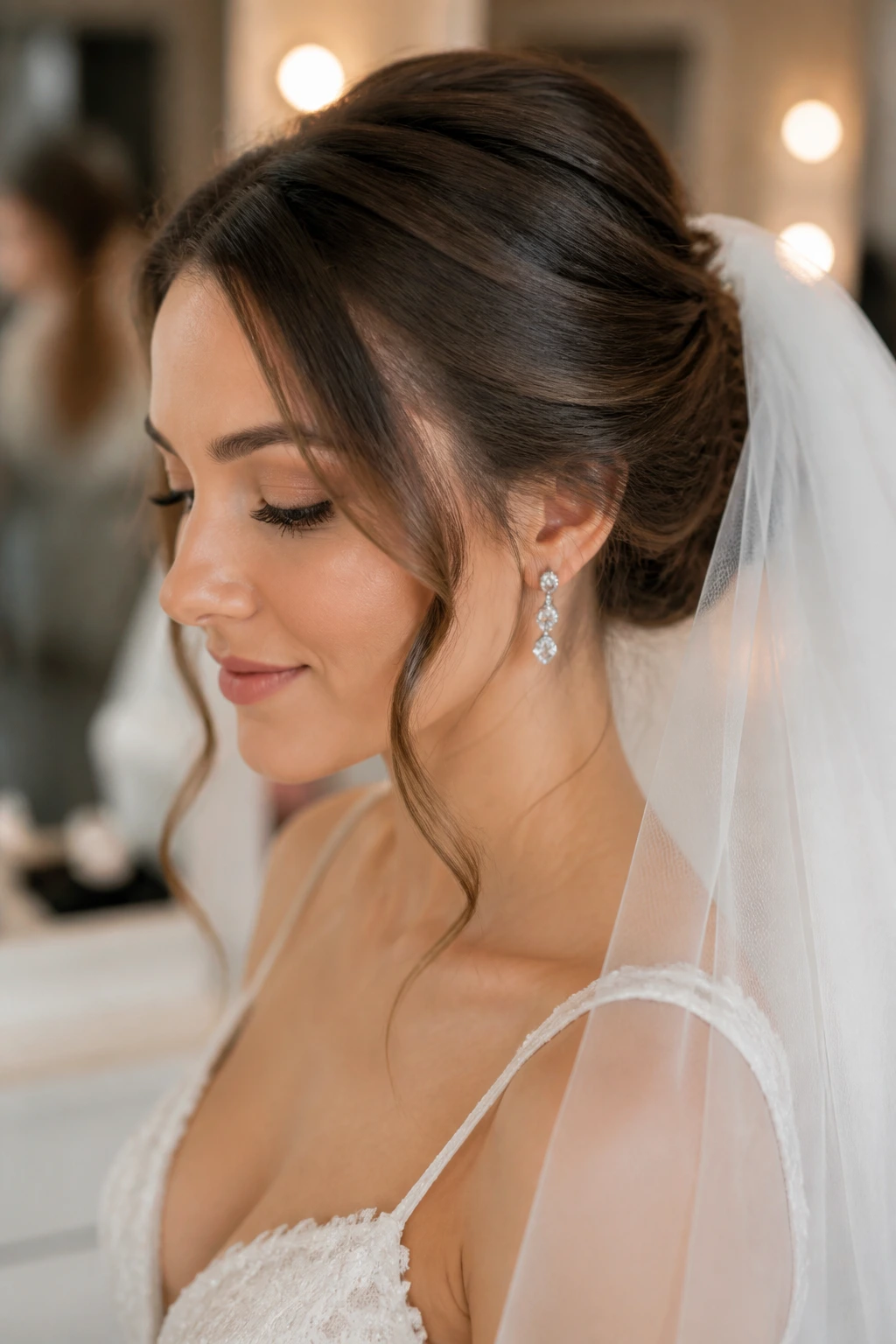 Close-up of bride with refined updo and veil placement
