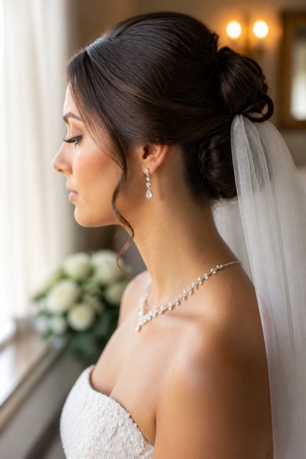 Bride with elegant updo and veil in side profile