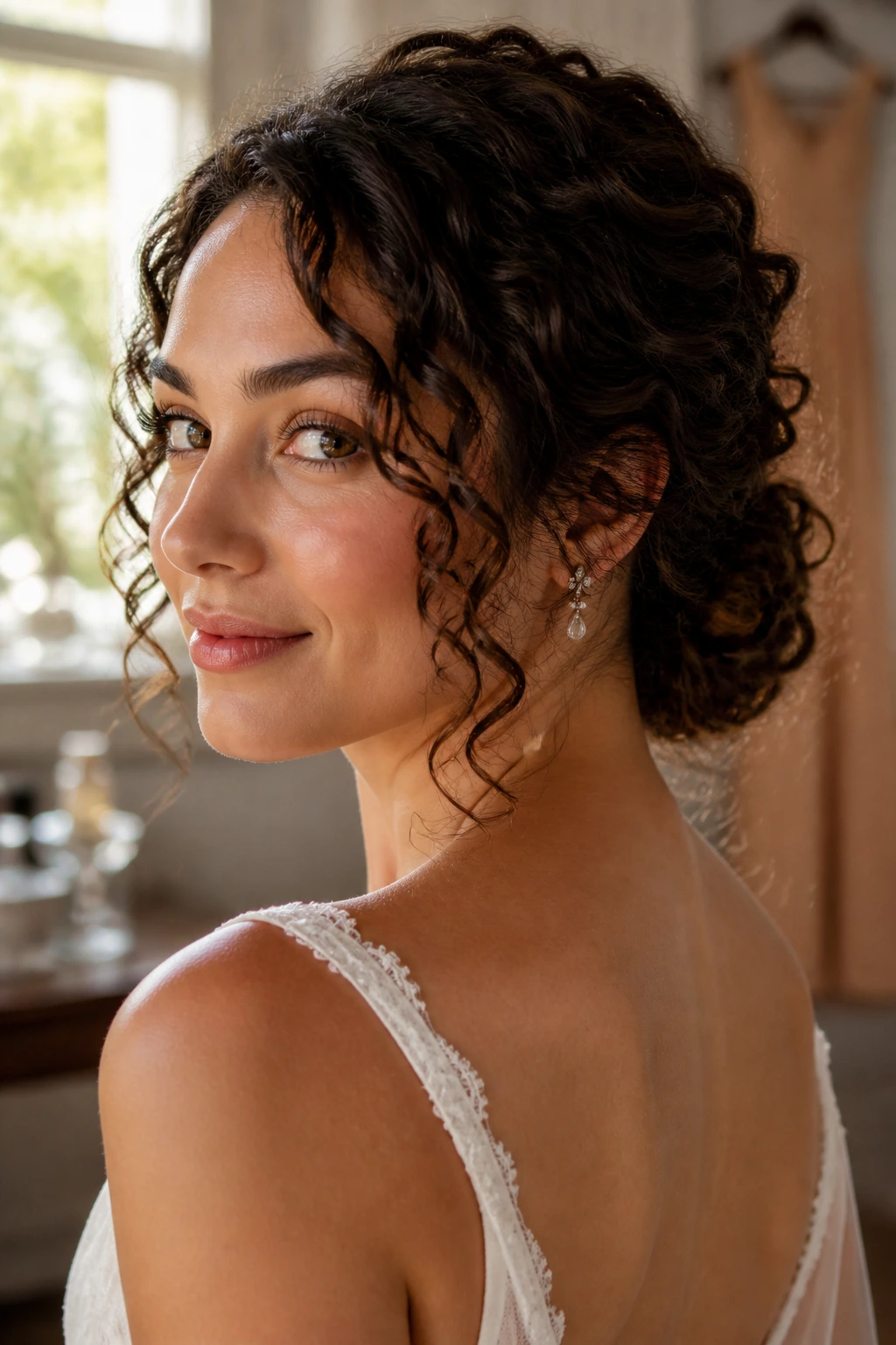 Close-up of a bride with curly-first half-up hairstyle and natural curls
