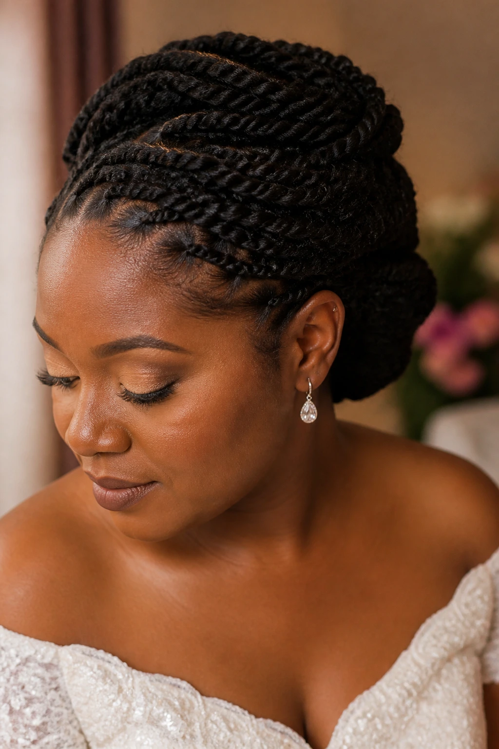 Close-up of bride with protective style twists and pinned base