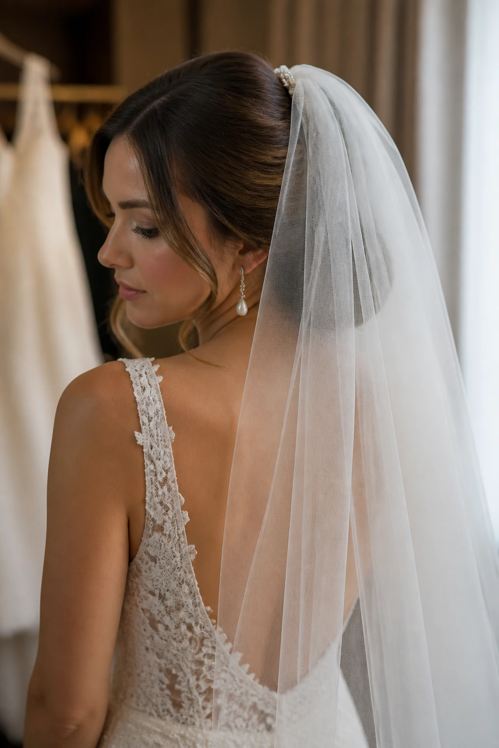 Bride wearing veil close-up portrait in dressing room