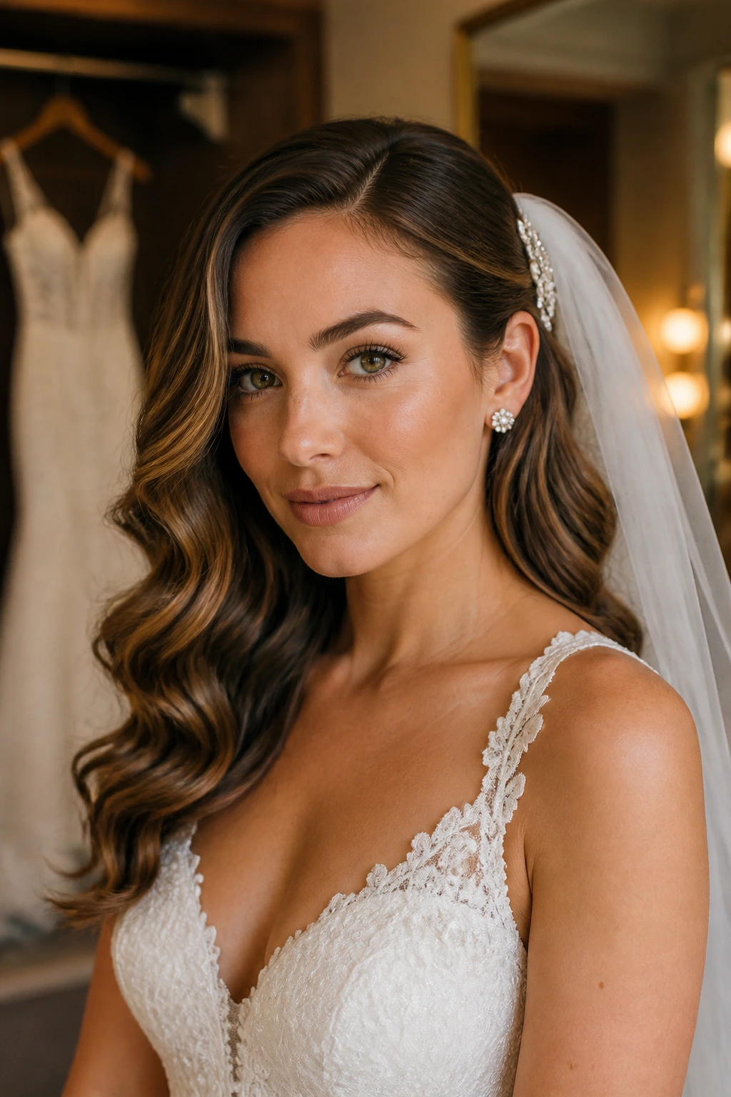 Bride with side-swept wave and veil pinned behind the ear