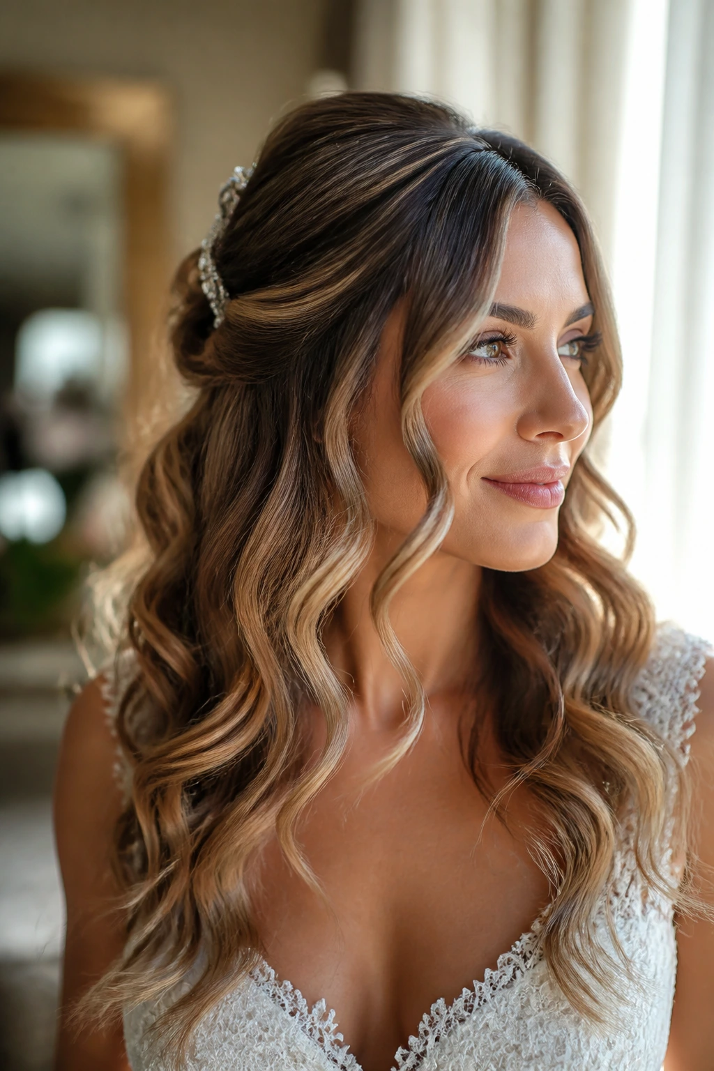 Close-up of a real bride's head showing a defined bridal wave in a sunlit bridal suite