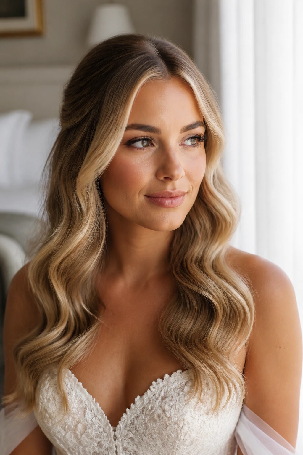 Close-up of a real bride's brushed-out surf waves with a gentle S-shape.