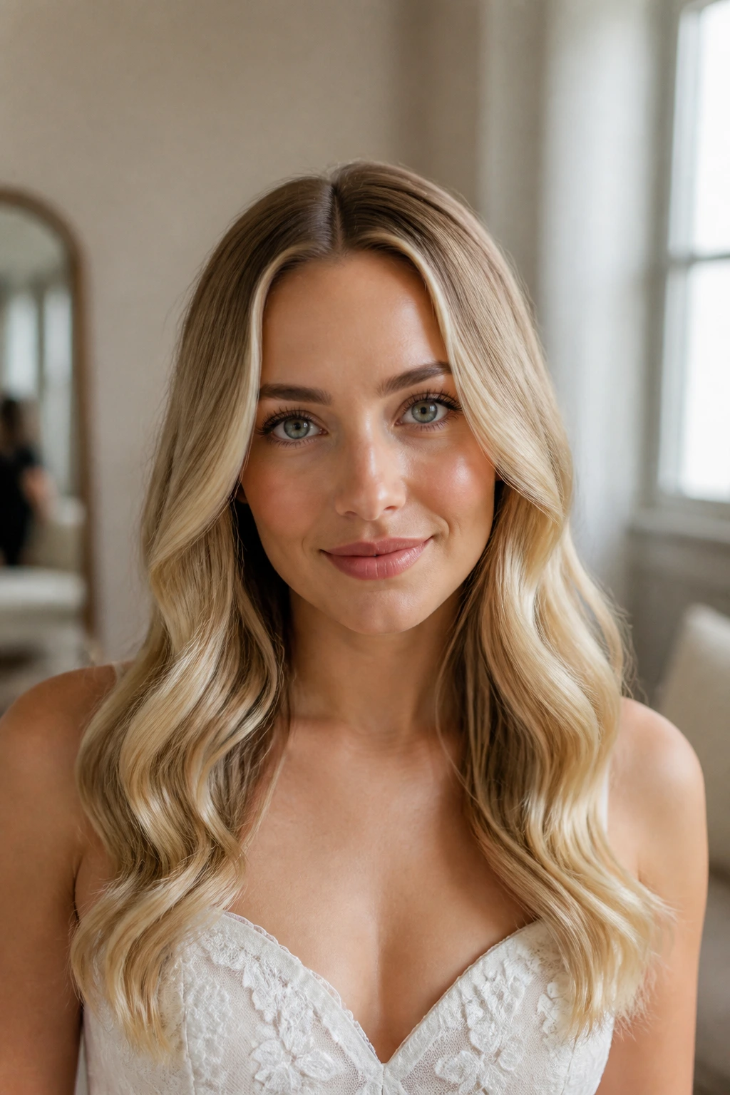 Close-up of a real bride with center-part minimalist waves framing the face.