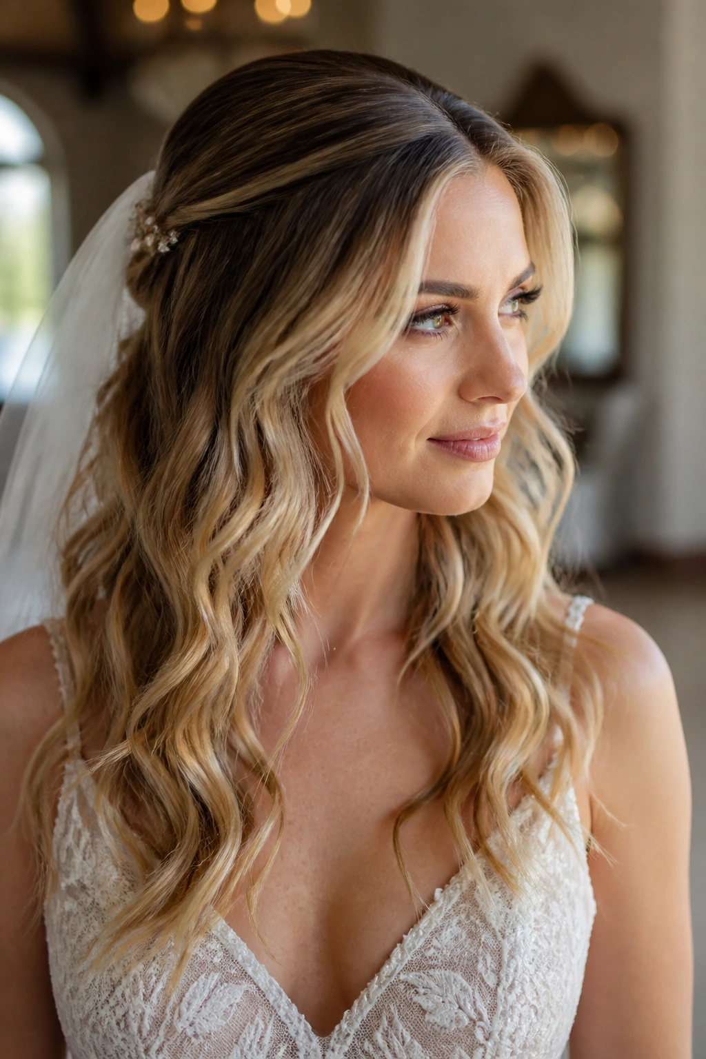 Close-up of bridal waves with a smooth crown on a real bride