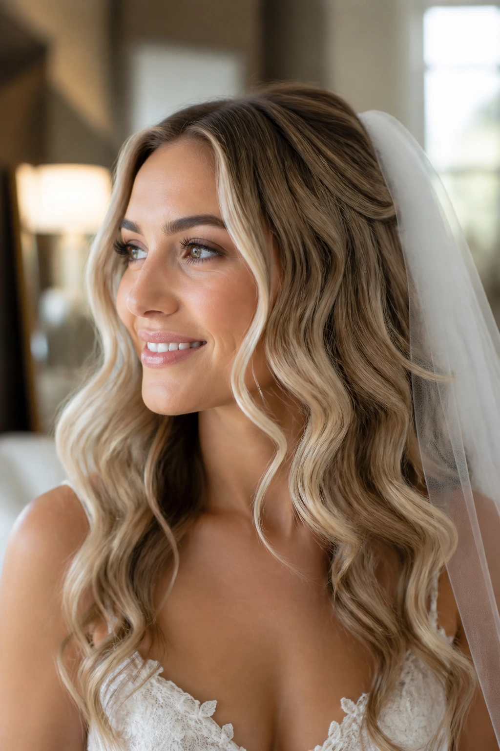 Close-up of a real bride with fresh bridal waves in a warm bridal suite