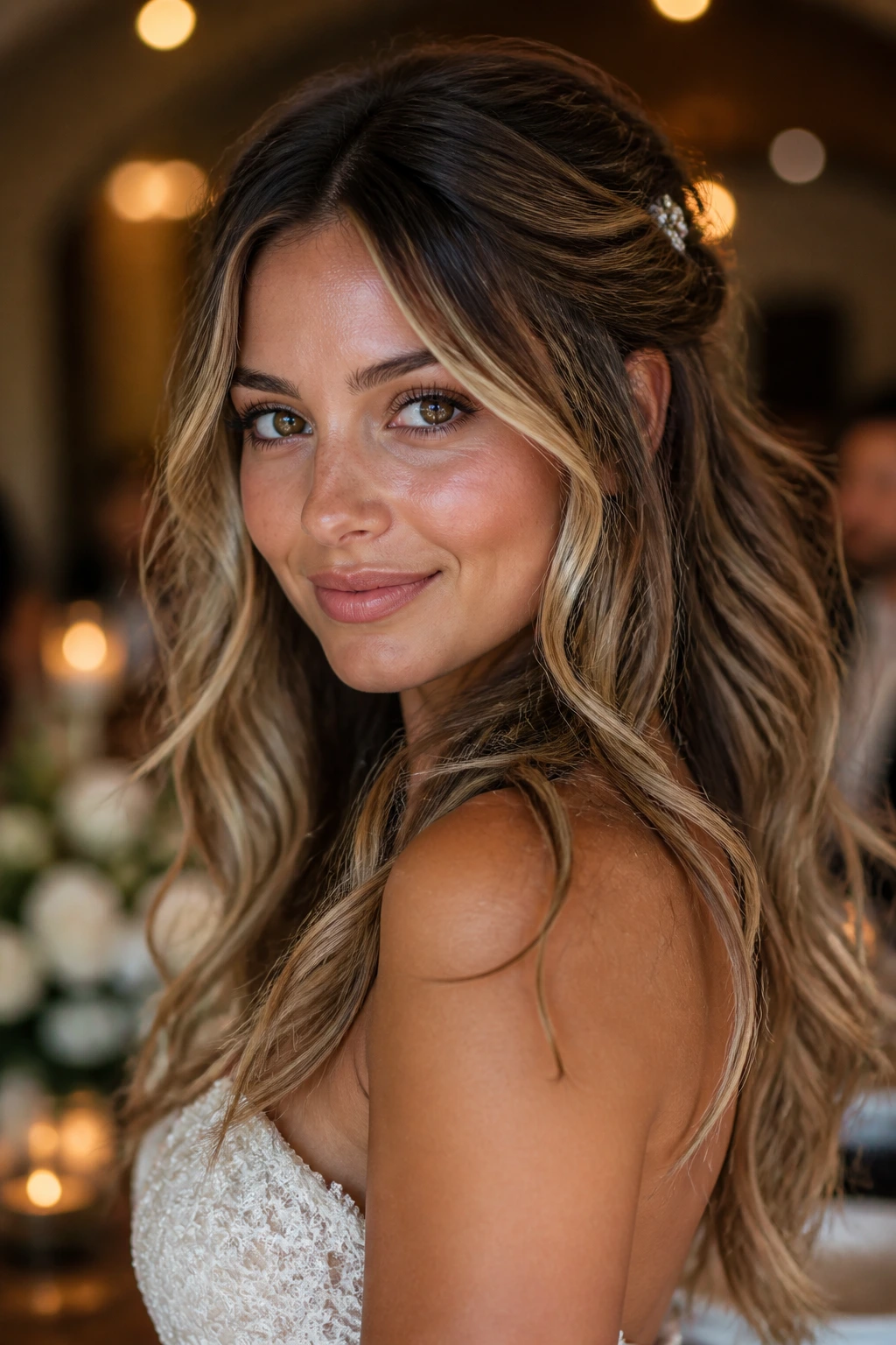 Close-up of a real bride with reception-ready tousled waves after ceremony.